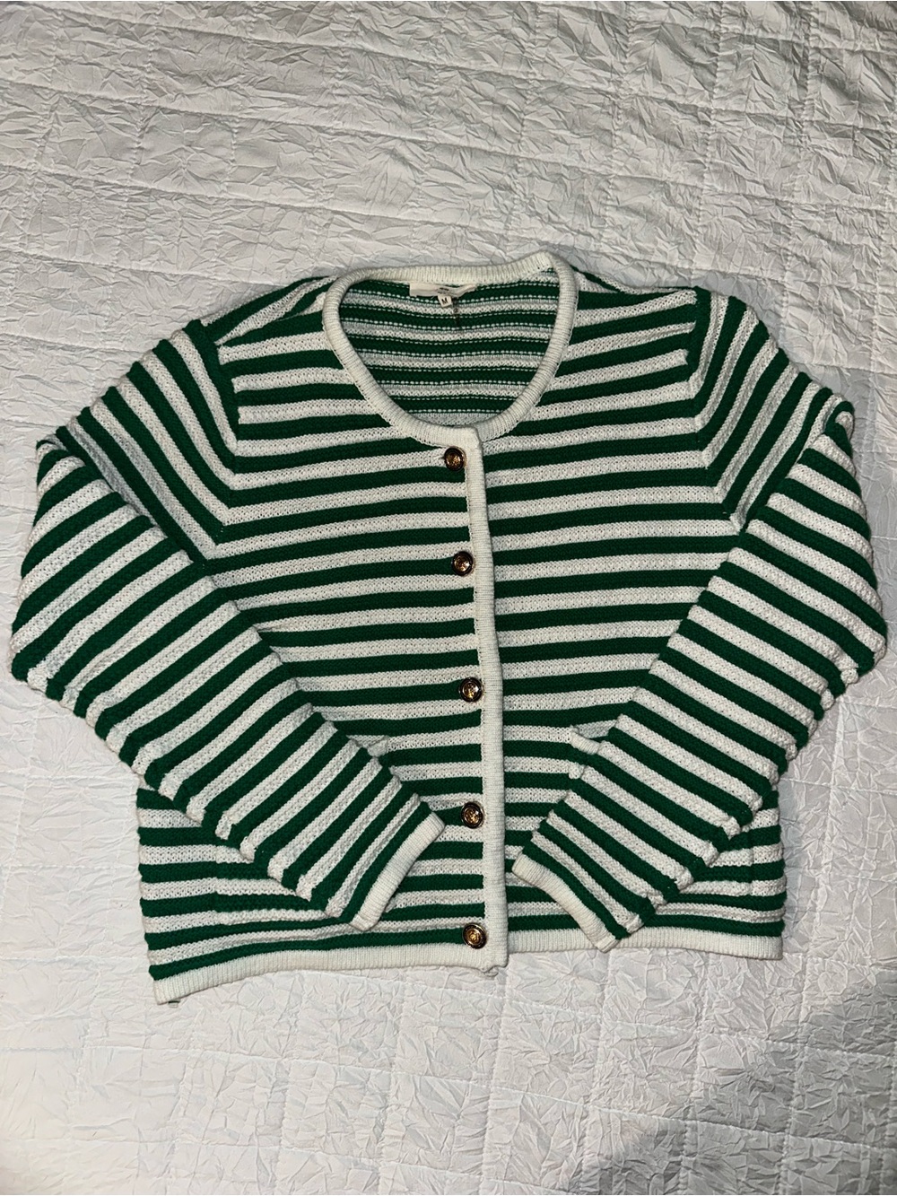 Striped Green and White Button-Front Women's Sweater